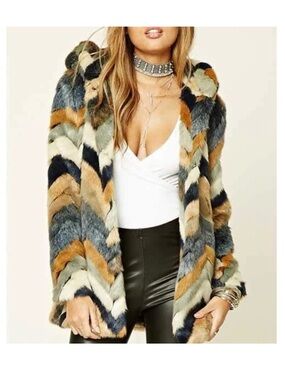 Forever 21 Multi-Color Chevron Faux Fur Jacket - No Hat.